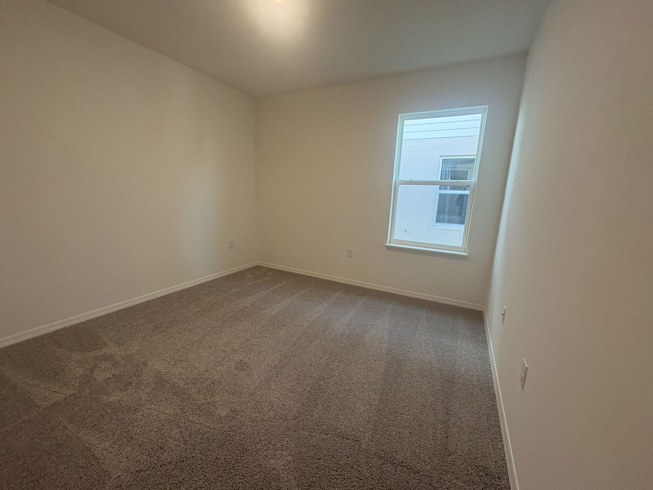 Empty room with beige carpet and light-colored walls featuring a single window providing natural light.