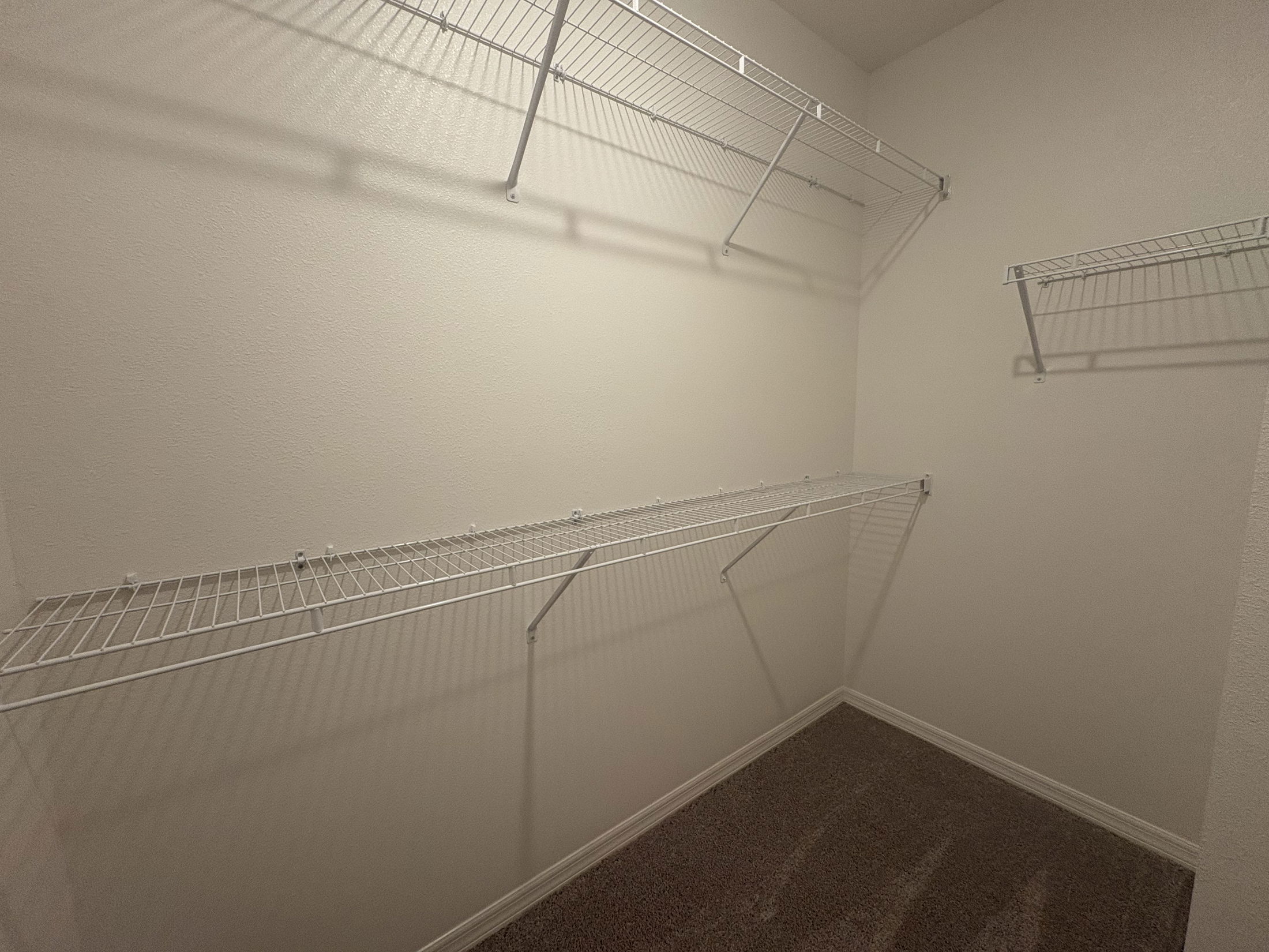 Empty walk-in closet with carpet flooring and white wire shelving on beige walls.