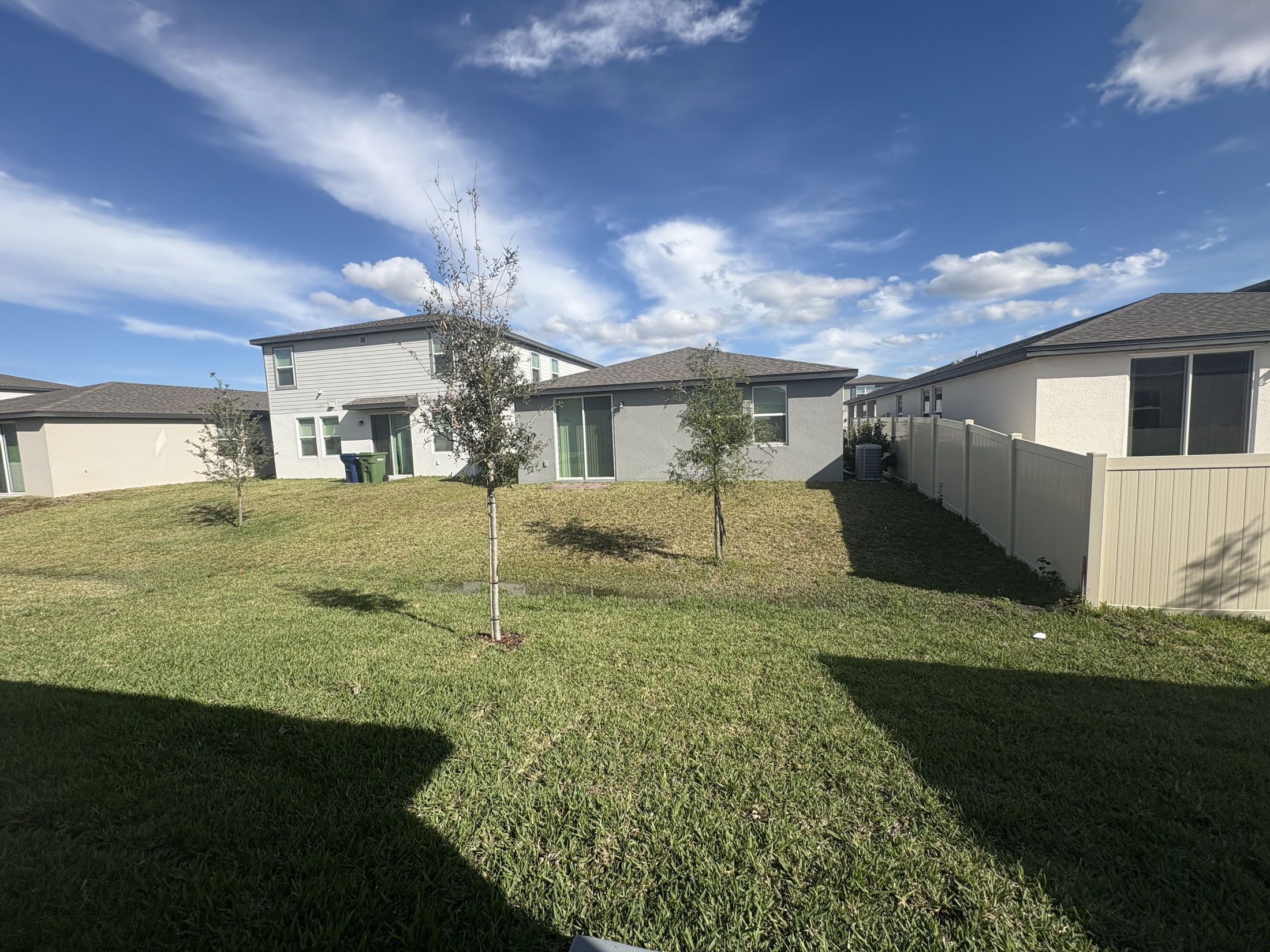 A suburban backyard with freshly mowed grass, young trees, and houses under a clear blue sky with scattered clouds.