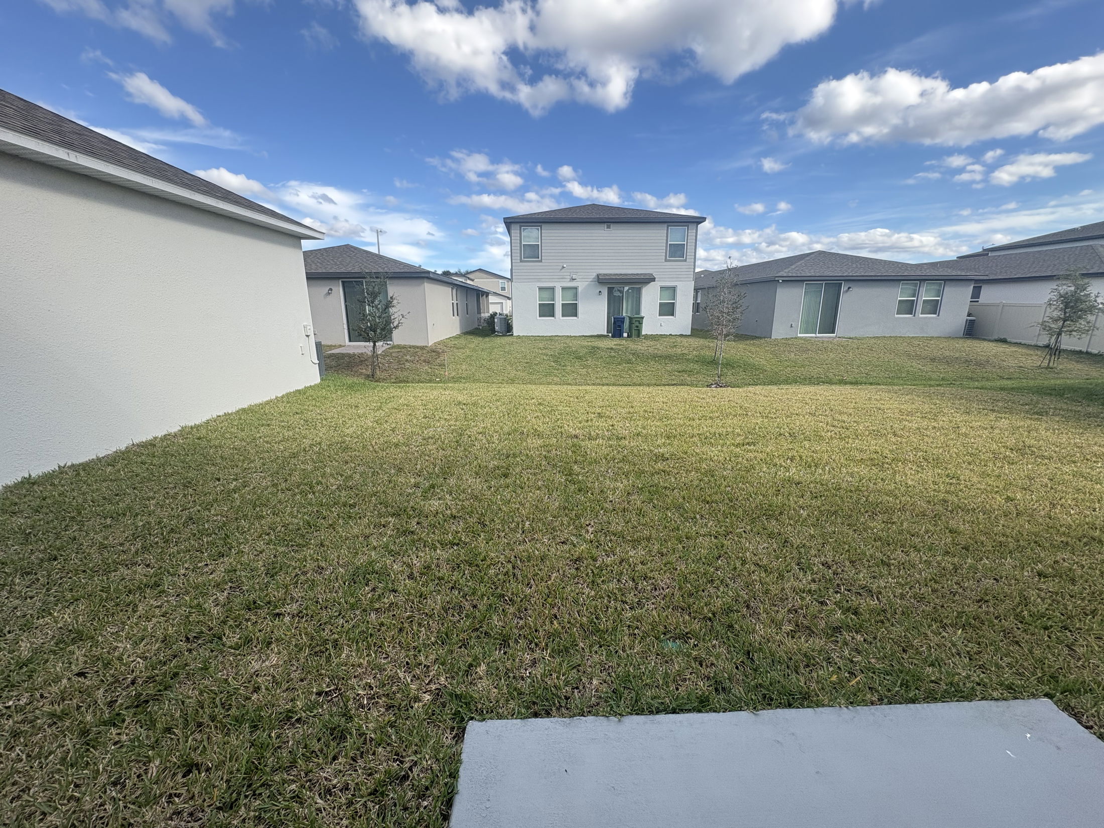 Suburban backyard with green lawn, surrounded by modern houses under a blue sky with clouds.