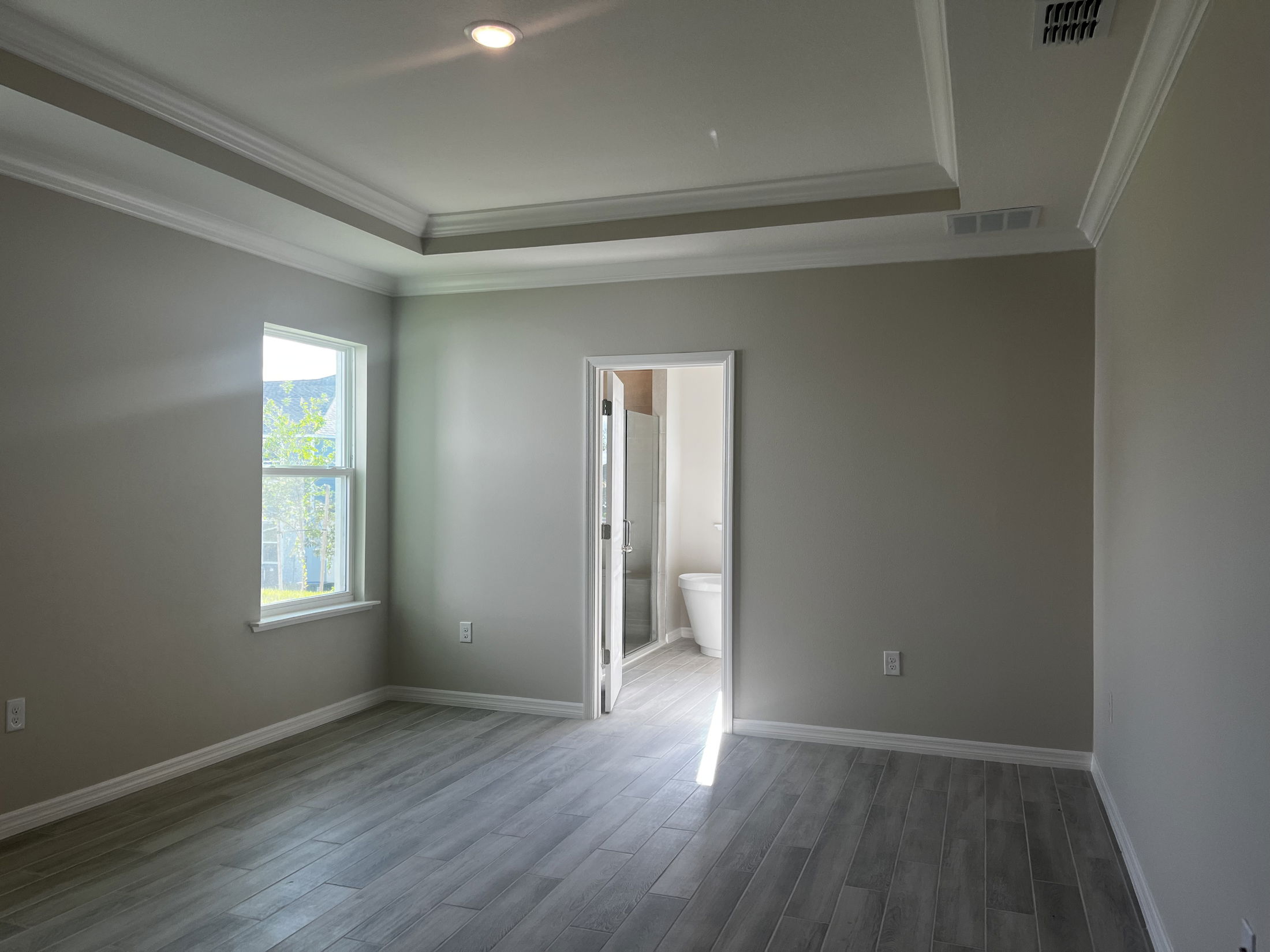 Empty, modern gray-painted bedroom with tray ceiling, wood flooring, and adjoining bathroom.