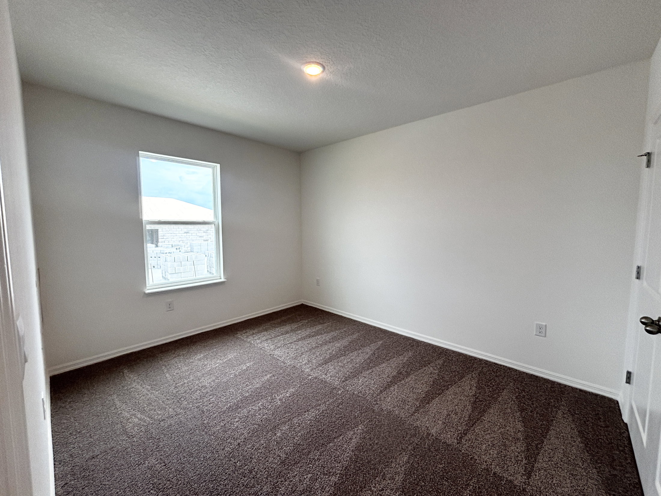 Empty room with beige carpet, a single window, and light gray walls.