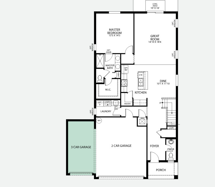 Floor plan of a house featuring a master bedroom, great room, kitchen, dining area, laundry room, and a three-car garage.