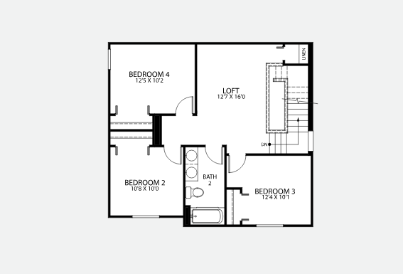 Floor plan featuring a second story with a loft, three bedrooms, and a bathroom.