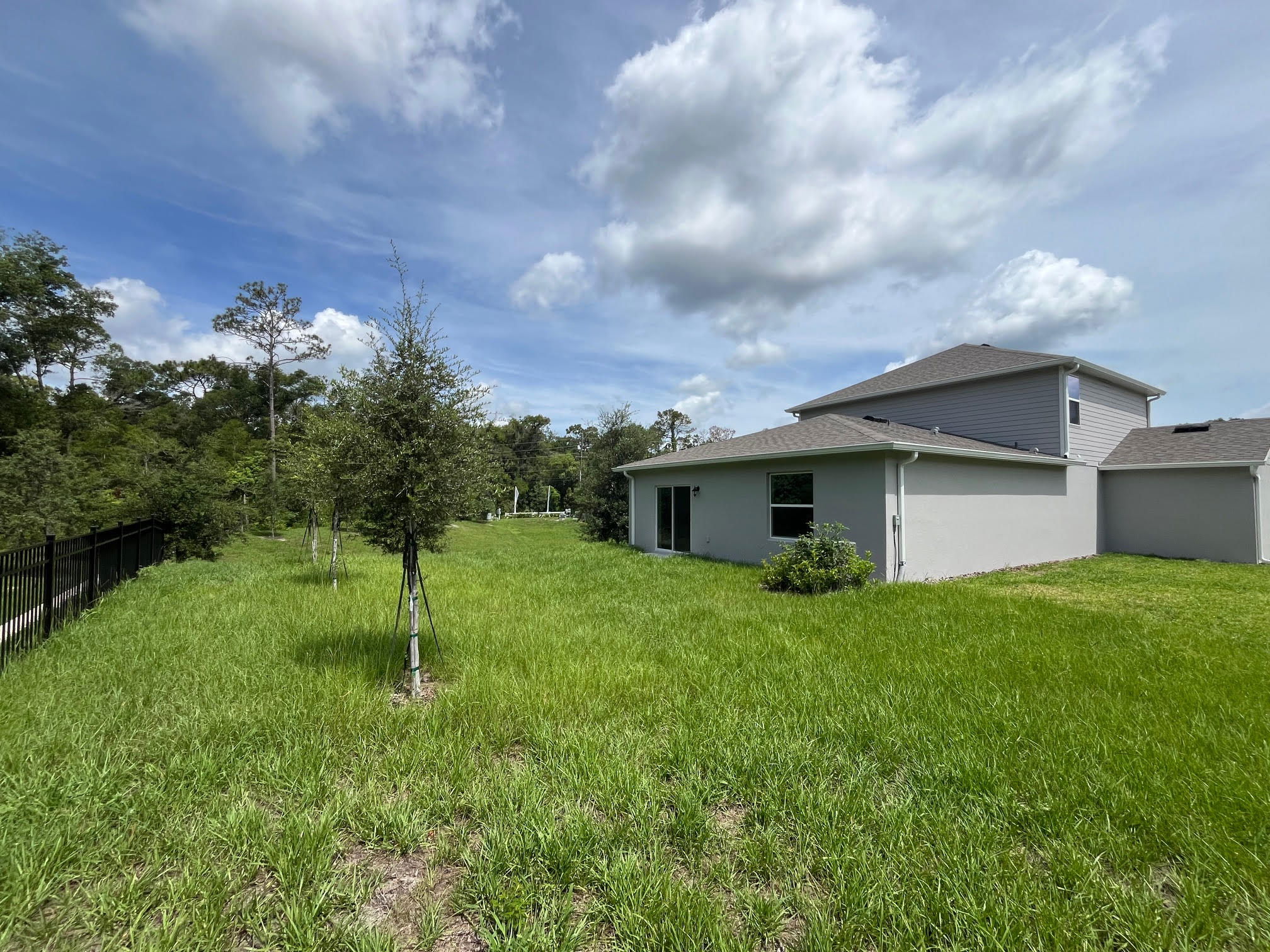 Backyard view of a modern suburban home with a lush green lawn and young trees against a cloudy blue sky.