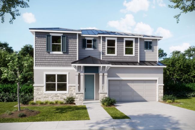 Modern two-story suburban house with a double garage, blue front door, and landscaped yard.