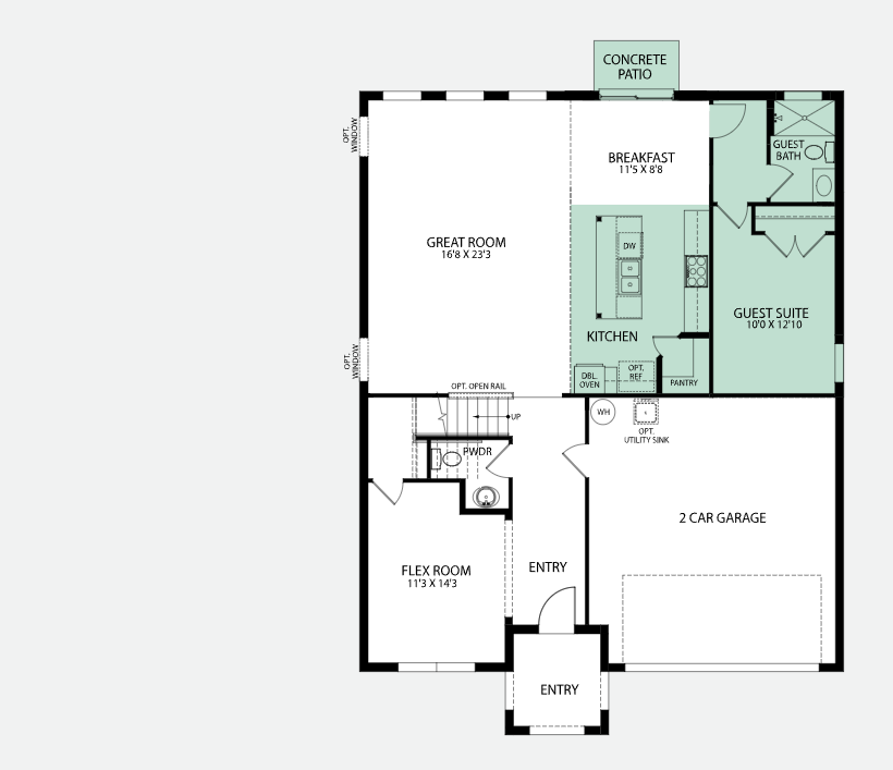 Floor plan of a home featuring a great room, kitchen, breakfast area, guest suite, flex room, two-car garage, and concrete patio.