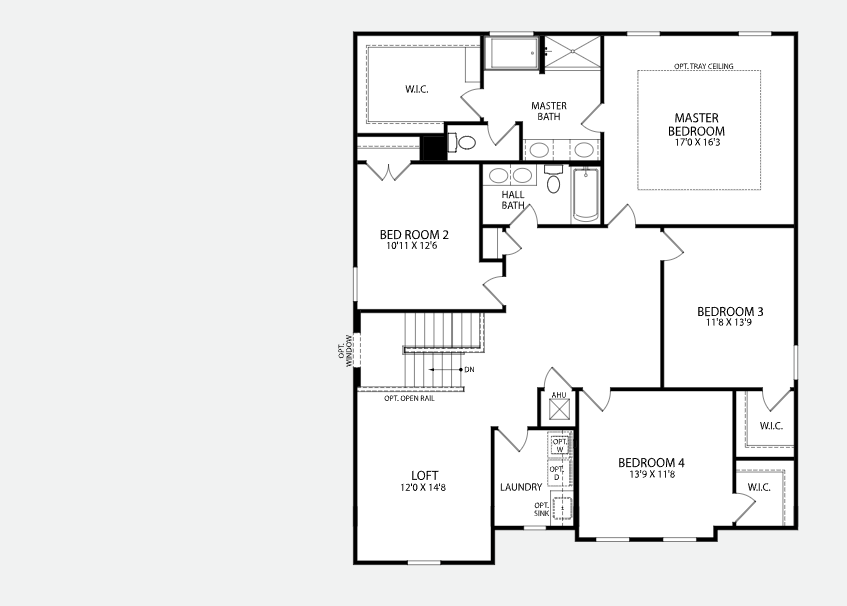 Second-floor house plan with four bedrooms, master suite, loft, laundry, and two bathrooms.