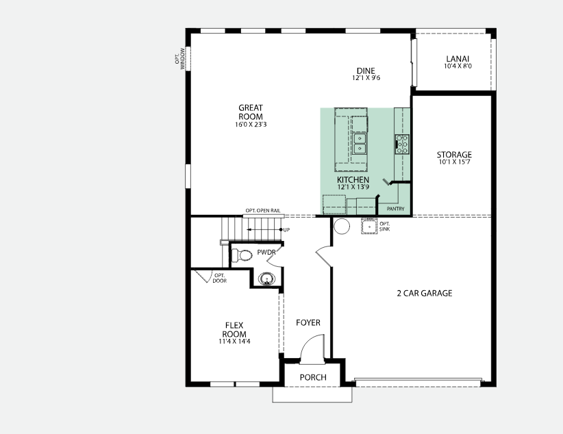 Detailed floor plan of a single-story home featuring a great room, kitchen, flex room, and two-car garage.