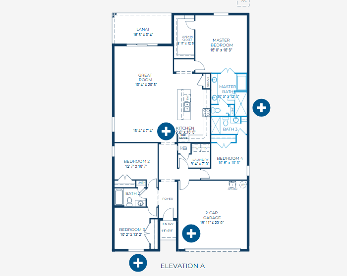 Floor plan of a single-story house featuring four bedrooms, a great room, kitchen, three bathrooms, a lanai, and a two-car garage.