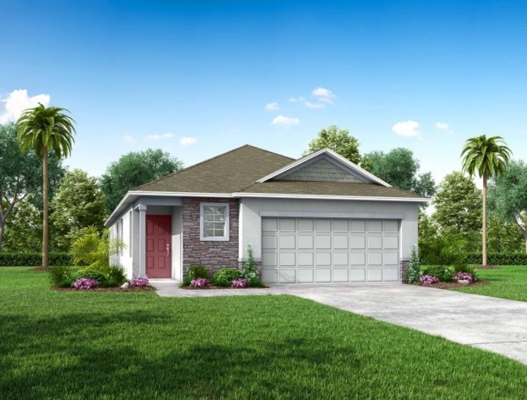 Image of a modern single-story house with a red front door, two-car garage, and landscaped garden under a clear blue sky.