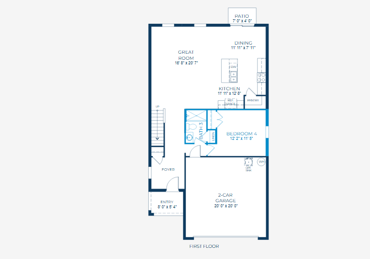 First floor house plan featuring a great room, dining area, kitchen, bedroom 4, bathroom, patio, and a 2-car garage.