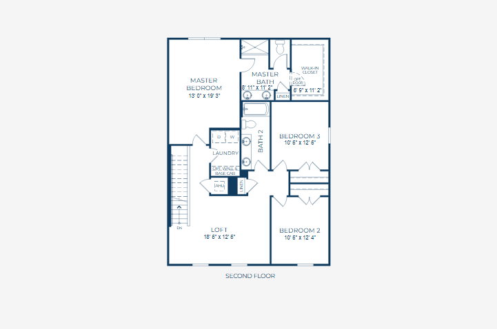 Second floor layout featuring a master suite, two additional bedrooms, two bathrooms, a laundry area, and a loft space.