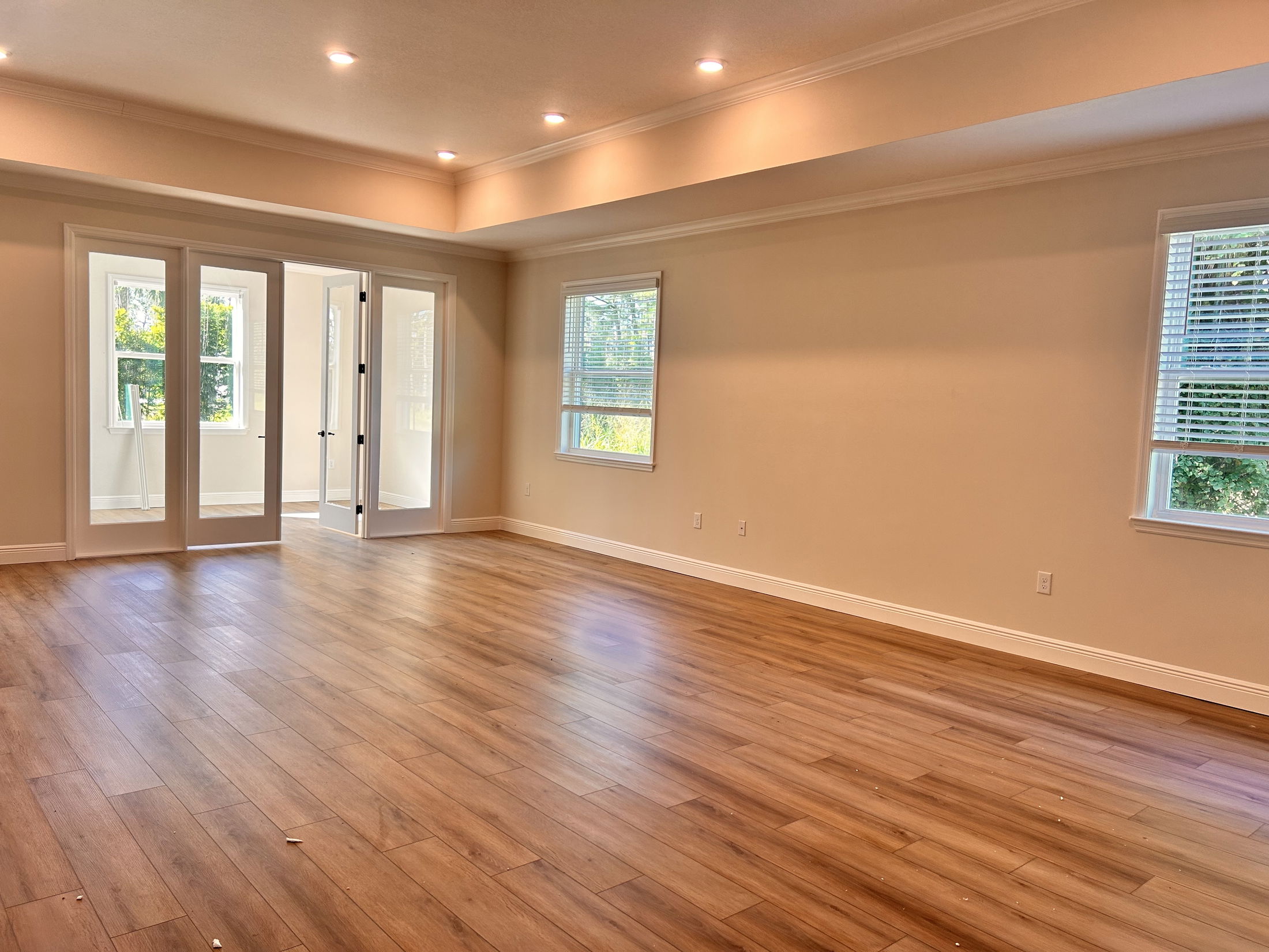 Spacious empty room with wooden flooring, recessed lighting, and large windows opening to a sunlit view.