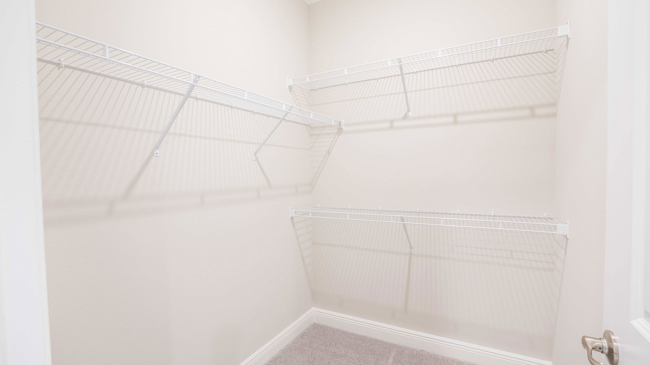 Empty walk-in closet with beige walls, featuring two-tier white wire shelving and carpeted flooring.