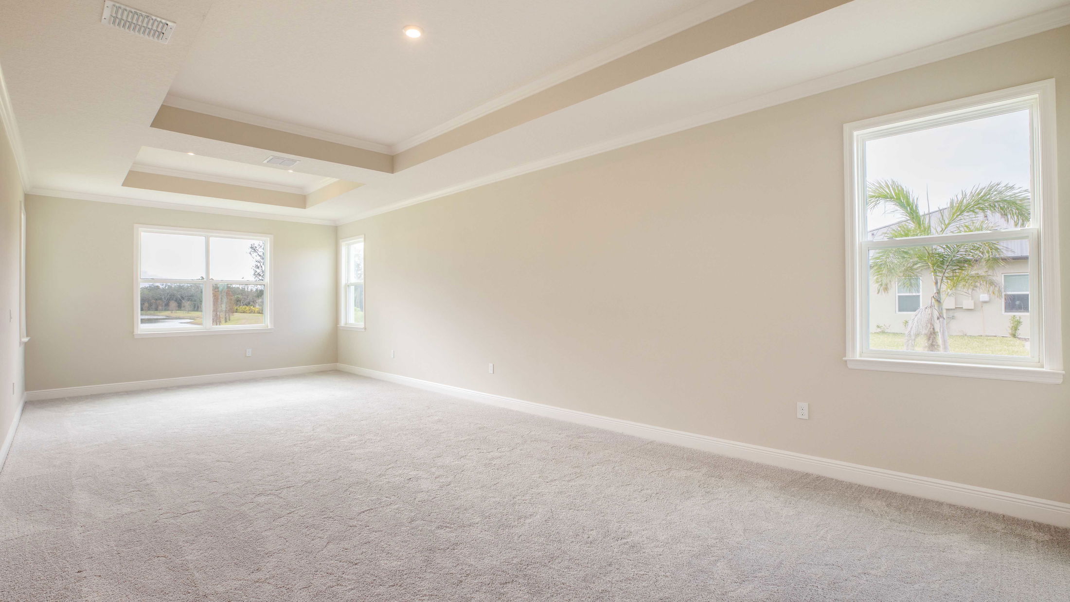 Spacious empty room with beige walls, carpet flooring, tray ceiling, and large windows showcasing a bright, natural landscape.
