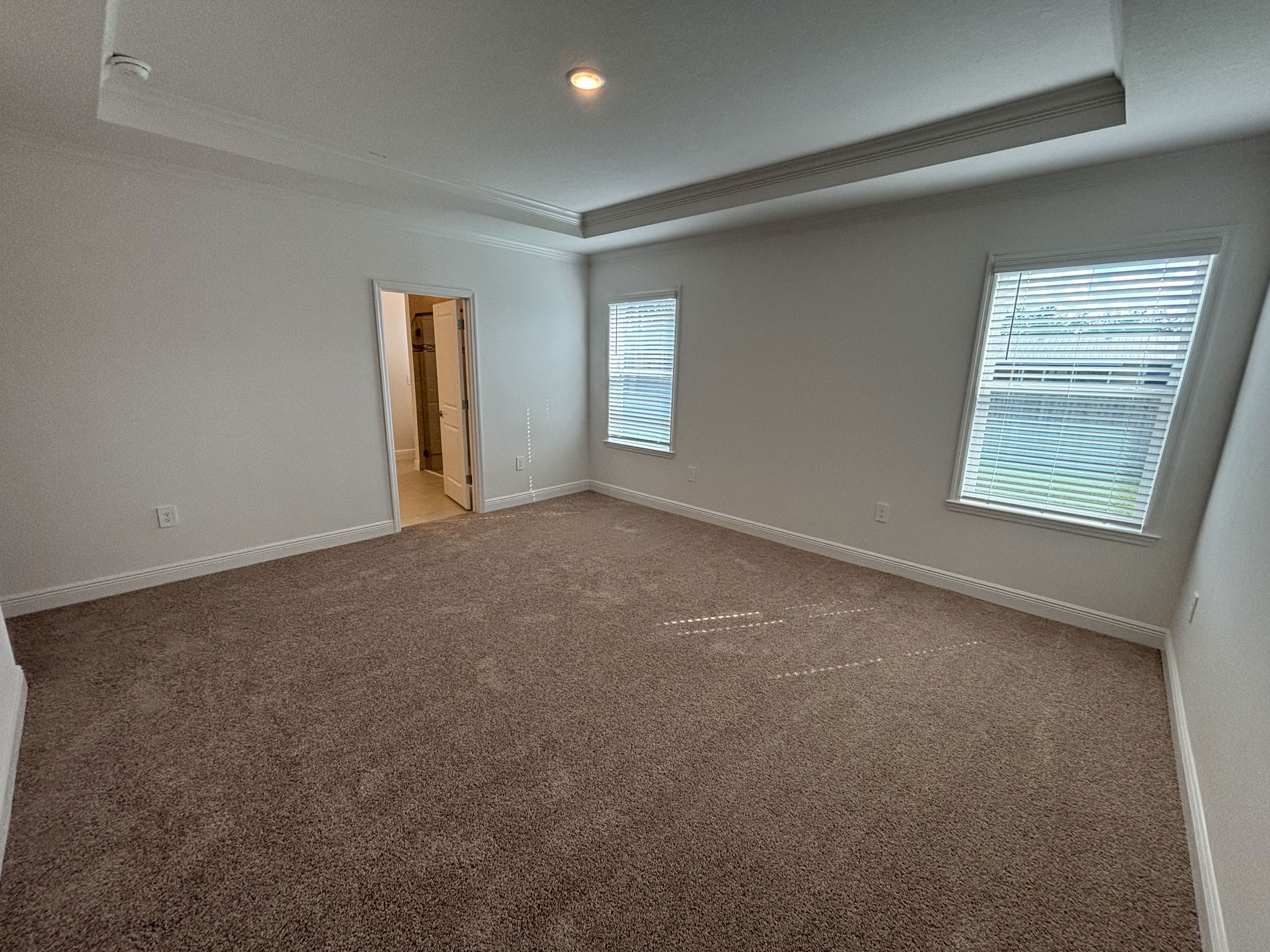Spacious empty bedroom with carpeted flooring, two windows, and an adjoining bathroom.