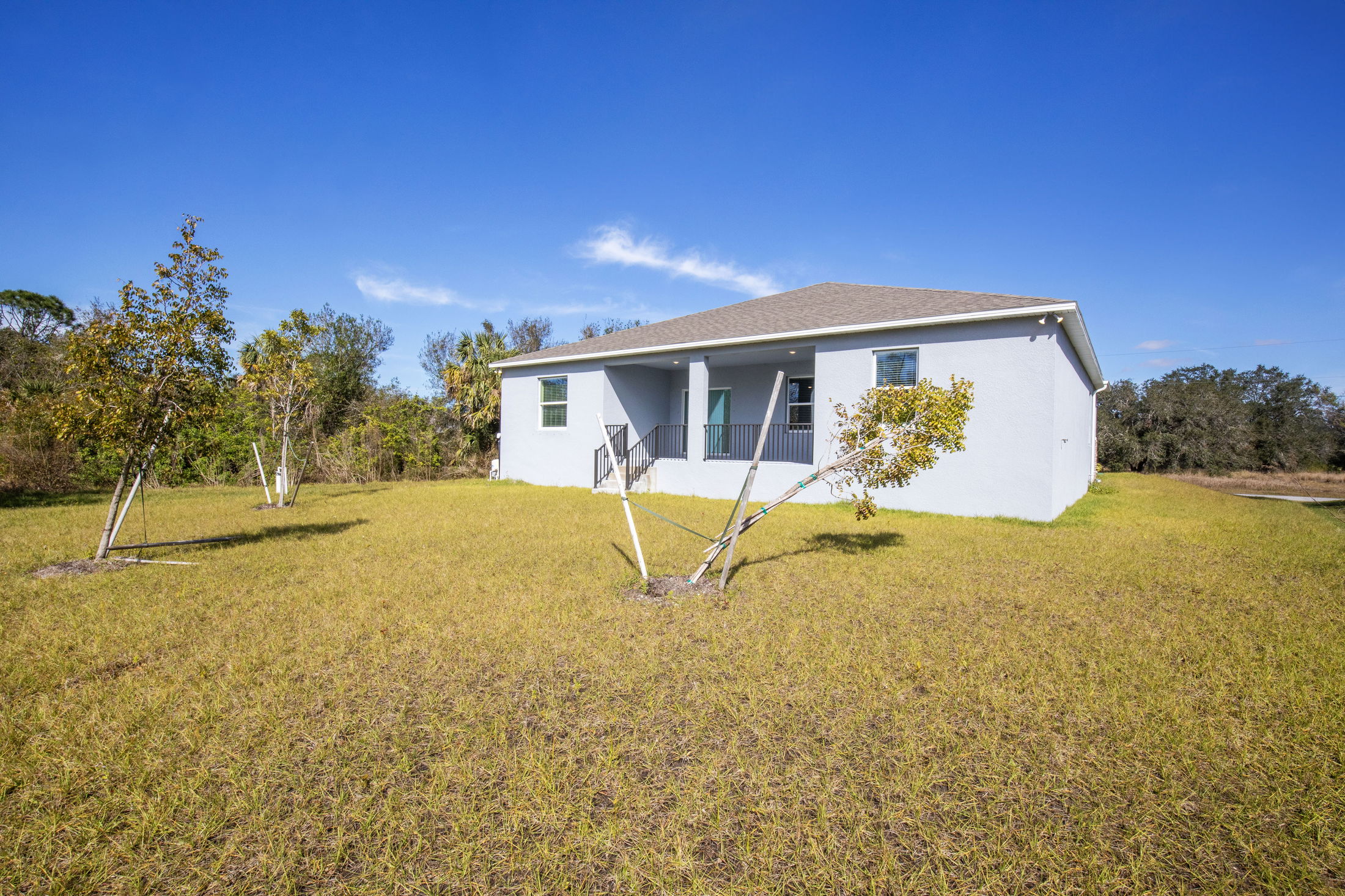 Newly constructed single-story blue home with a covered porch, surrounded by a spacious grassy yard and young trees under a clear blue sky.