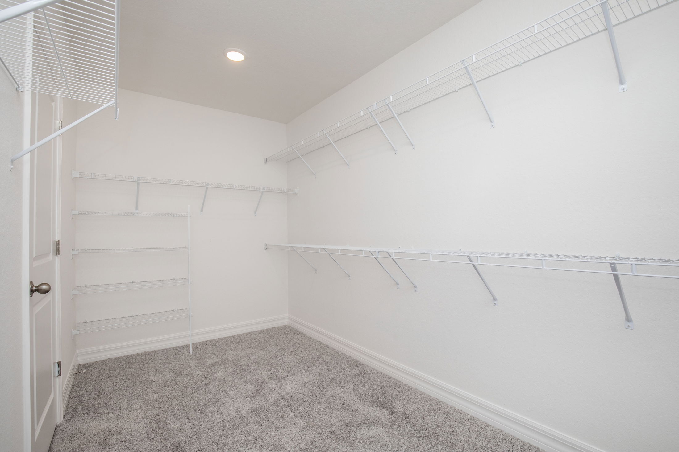 Spacious empty walk-in closet with white wire shelving and gray carpeted floor.