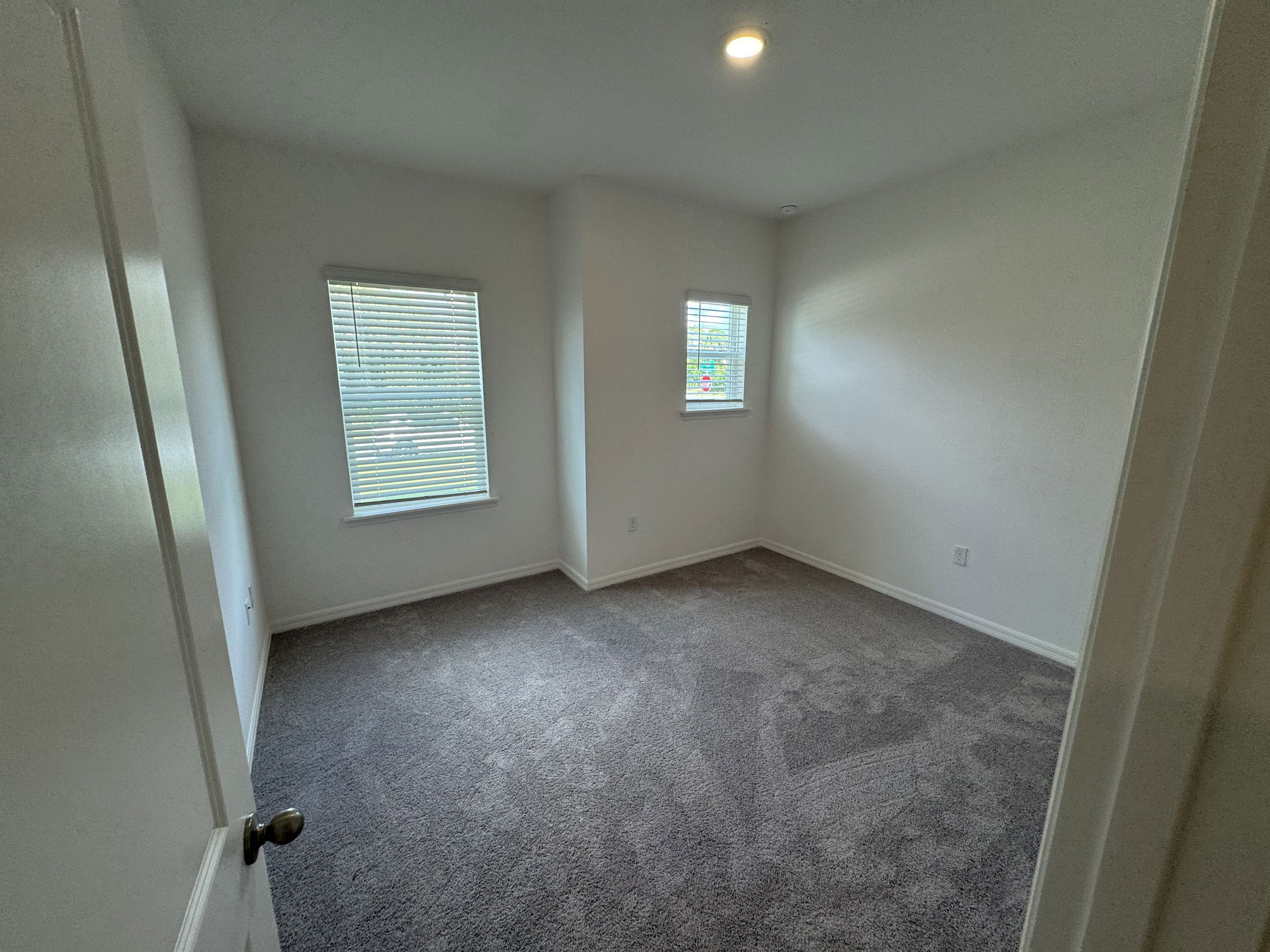Empty white-walled room with two windows and gray carpet flooring, perfect for a cozy bedroom setup.