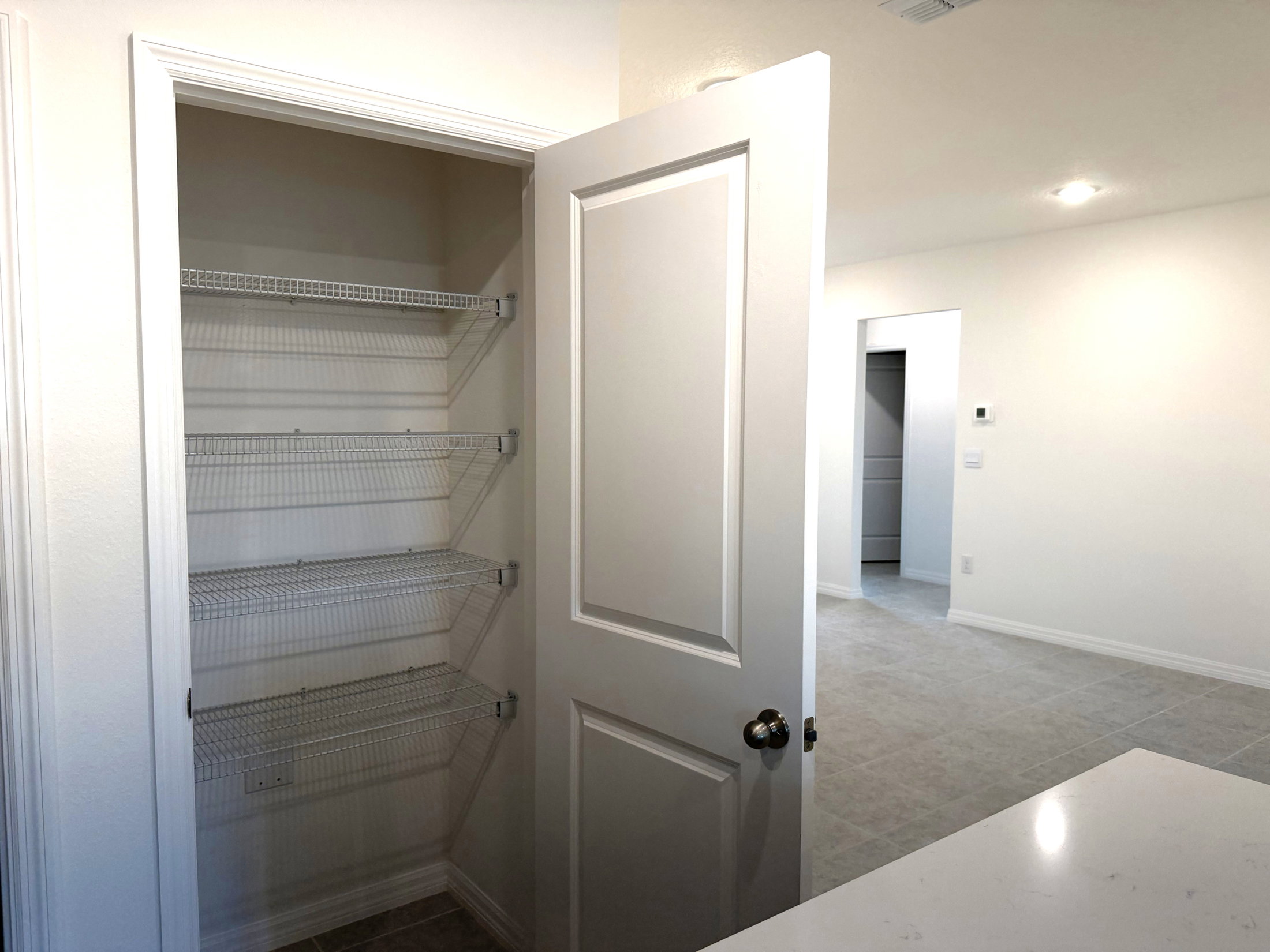 A partially open door reveals a light-colored pantry with wire shelving, leading into a bright, minimalistic room.