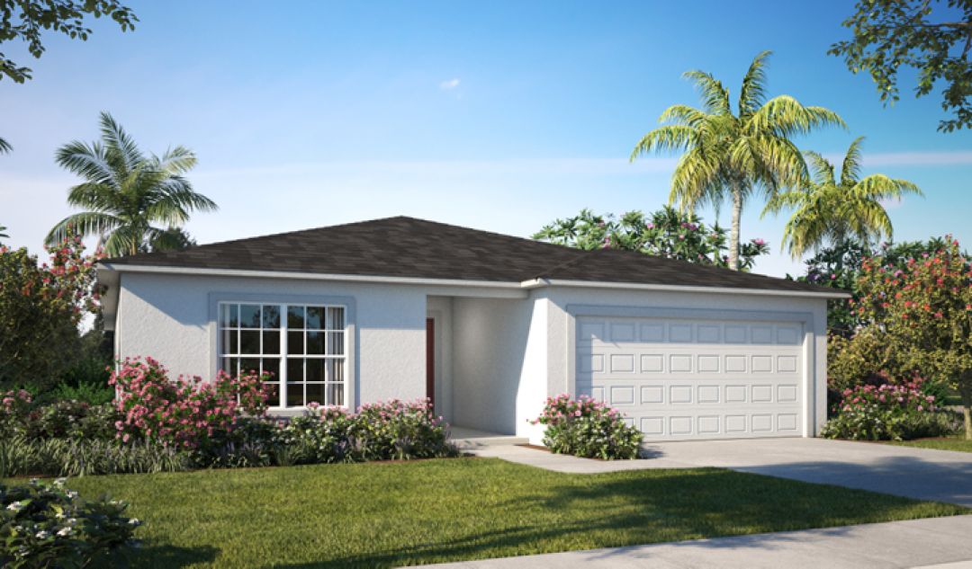 Single-story suburban house with a two-car garage, tropical landscaping, and palm trees under a clear blue sky.