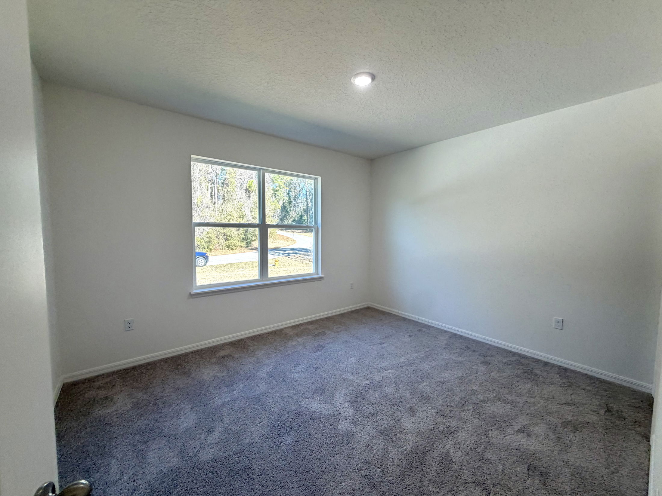 Spacious and bright living room featuring large windows, neutral carpet, and fresh white walls in a cozy home setting.