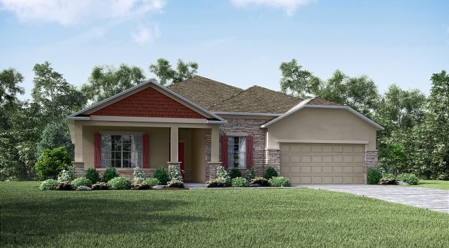 Modern single-story suburban home with a two-car garage, red shutters, and well-manicured lawn in a peaceful neighborhood.
