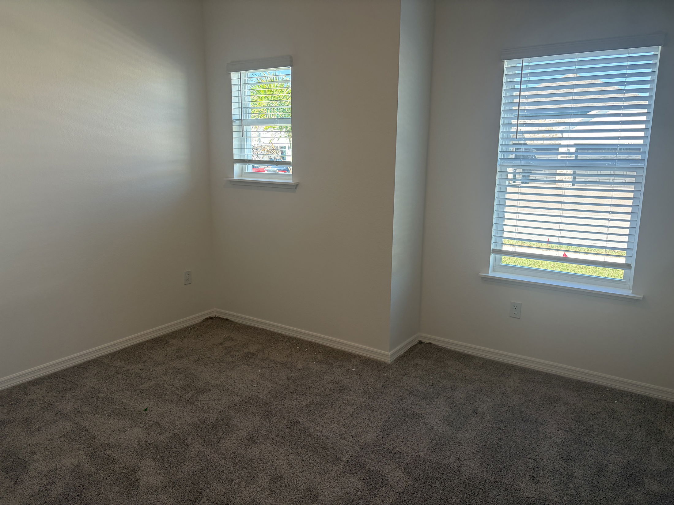 Inviting empty room with beige carpet, two windows, and white walls, perfect for a cozy living space.