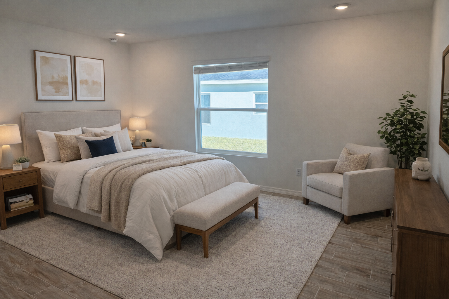 Modern bedroom interior featuring a cozy bed with decorative pillows, a stylish armchair, wooden furniture, and natural light streaming through a window.