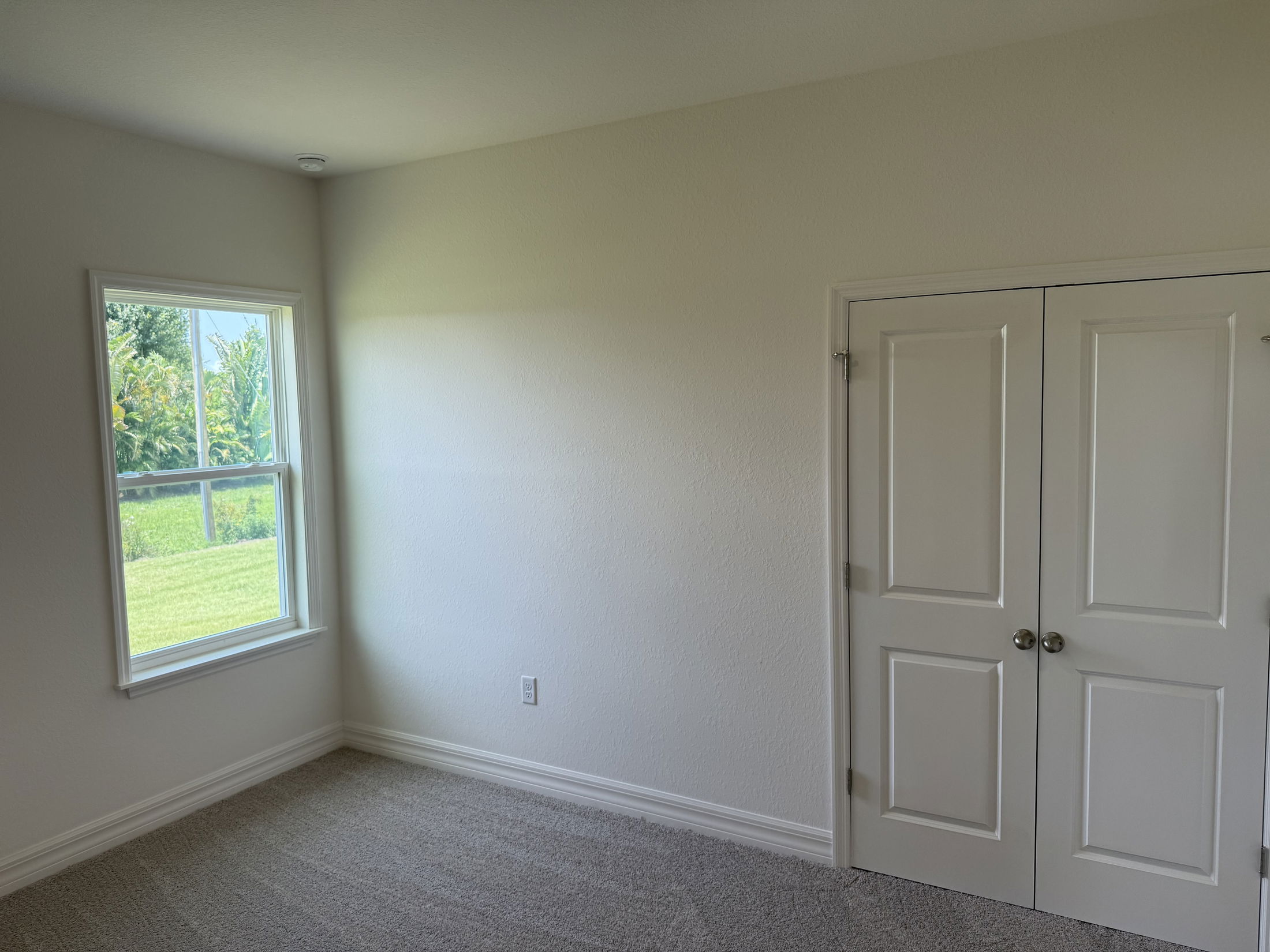 Empty room with beige carpet, white walls, a window showing a green backyard, and a white double door closet.