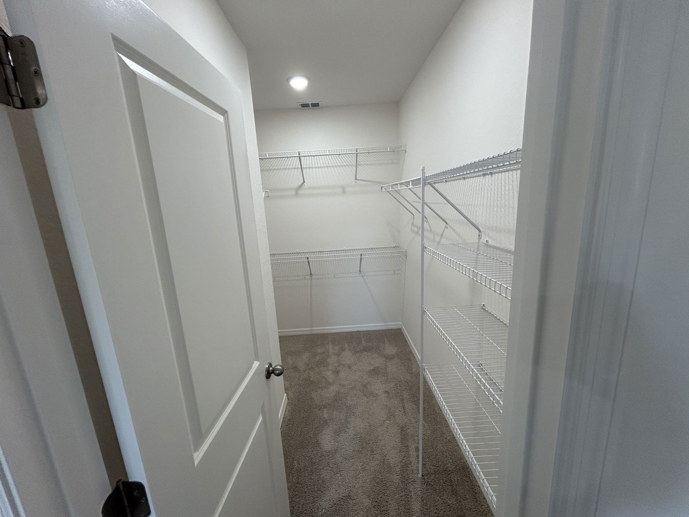 Spacious walk-in closet with wire shelving and carpet flooring.