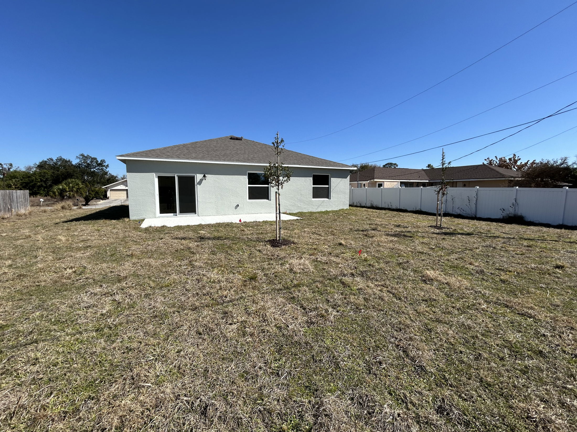 A backyard view of a newly built home featuring a grassy area, two young trees, and a clear blue sky.