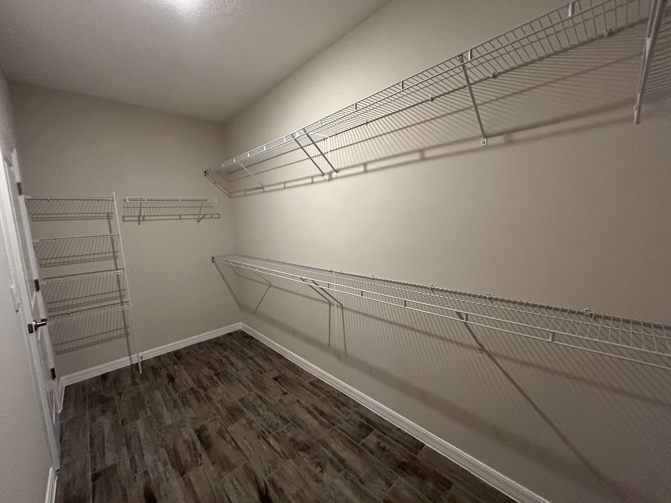 Empty walk-in closet featuring wire shelving and wood-style flooring.