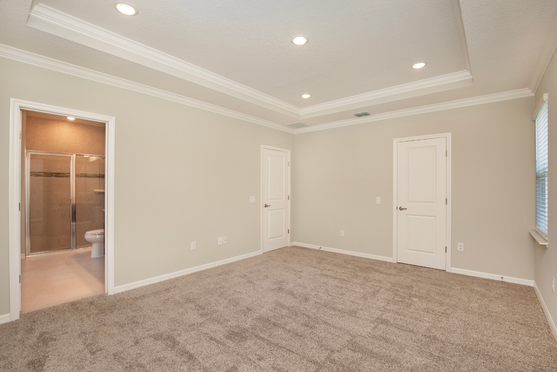 Spacious, newly carpeted bedroom with recessed lighting and attached bathroom featuring a glass shower.
