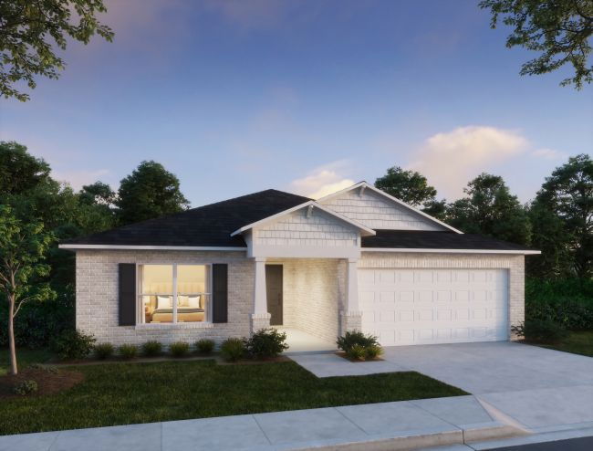 Modern single-story white brick house with a gabled roof and a two-car garage at dusk.