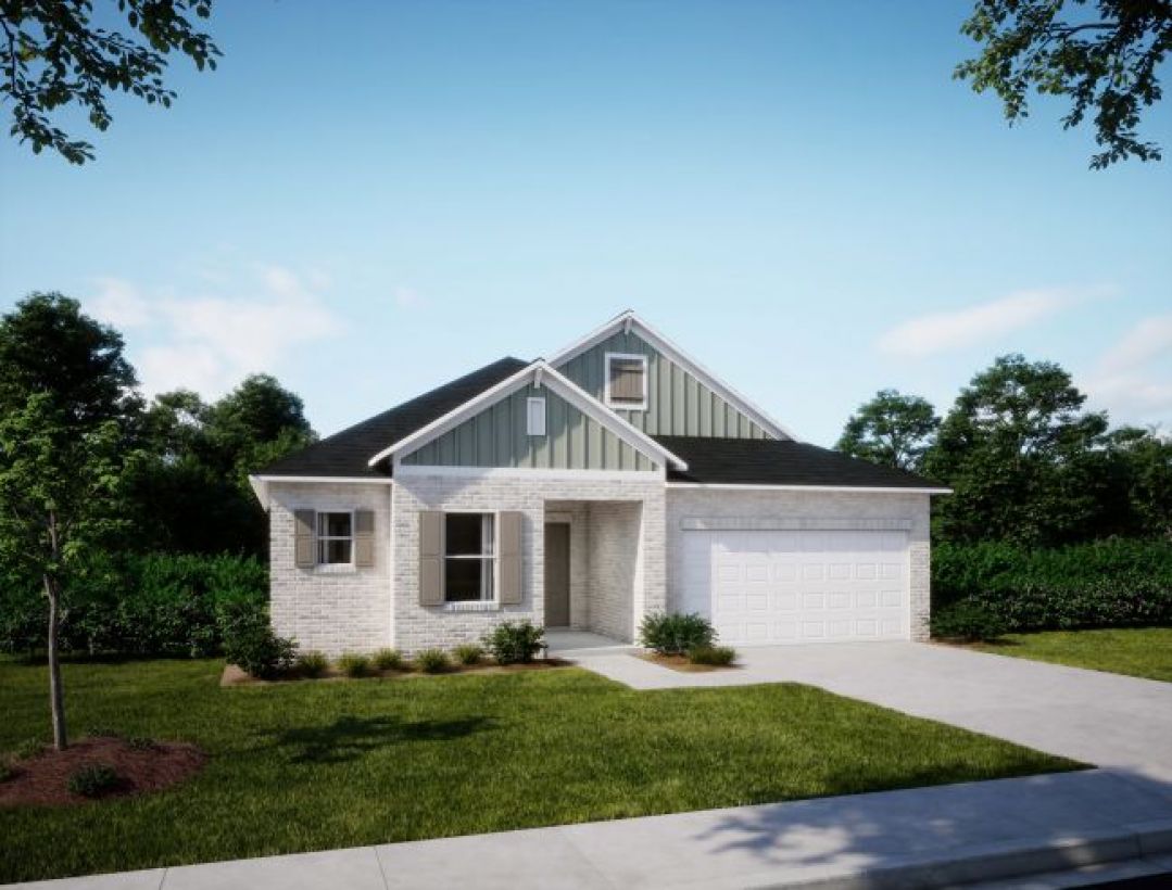 Modern single-story suburban house with white brick facade, gray roof, and a two-car garage.