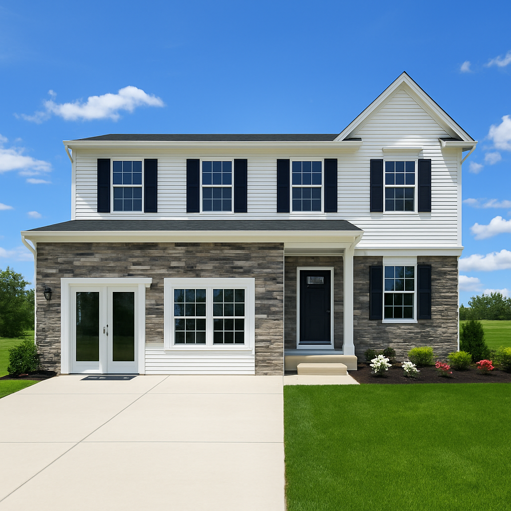 Modern two-story suburban house with stone veneer, vinyl siding, and black shutters, set against a clear blue sky.