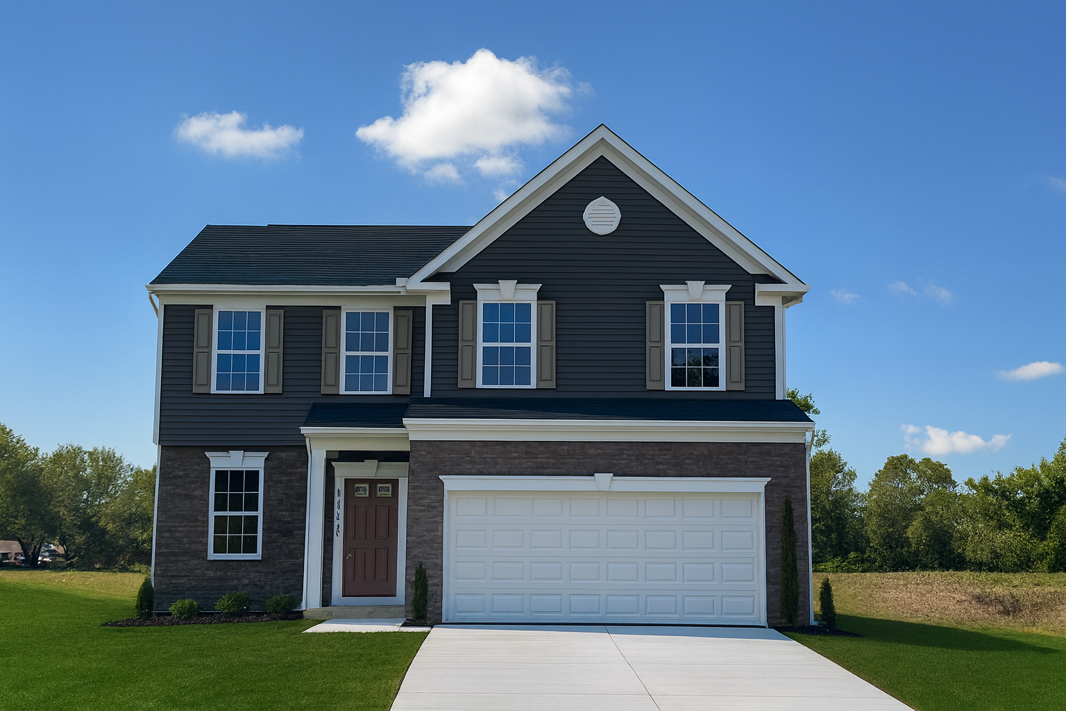 Front view of a modern two-story suburban house with a large double garage, brown facade, and a well-maintained lawn under a clear blue sky.