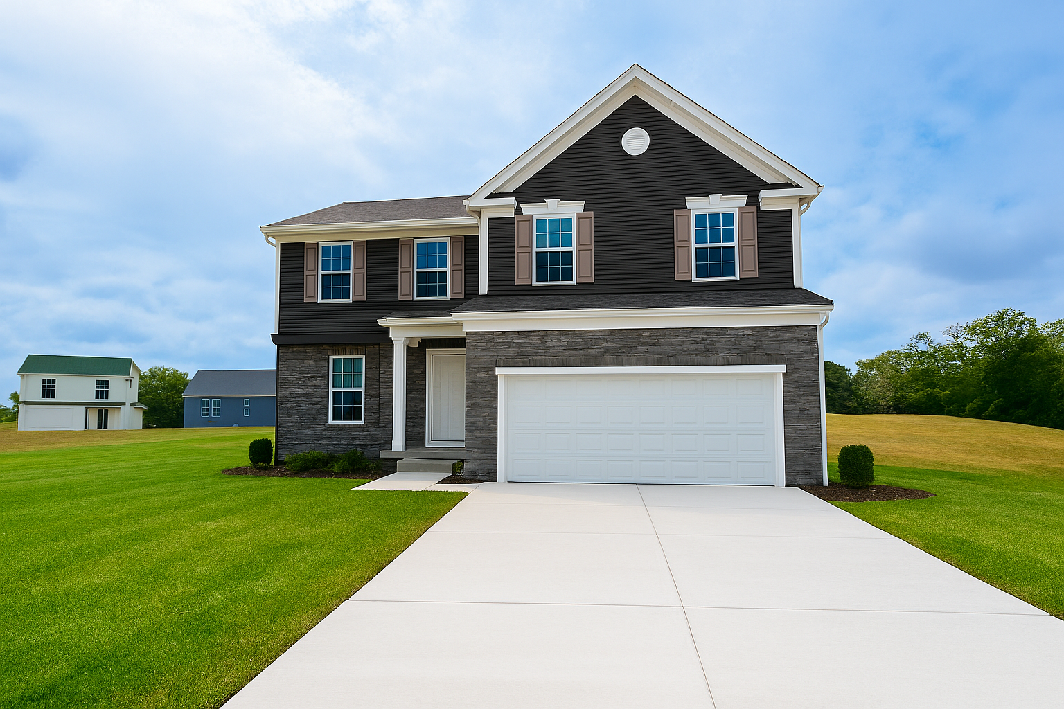 Modern suburban two-story home with a gray exterior, white garage, and neatly landscaped lawn against a blue sky.