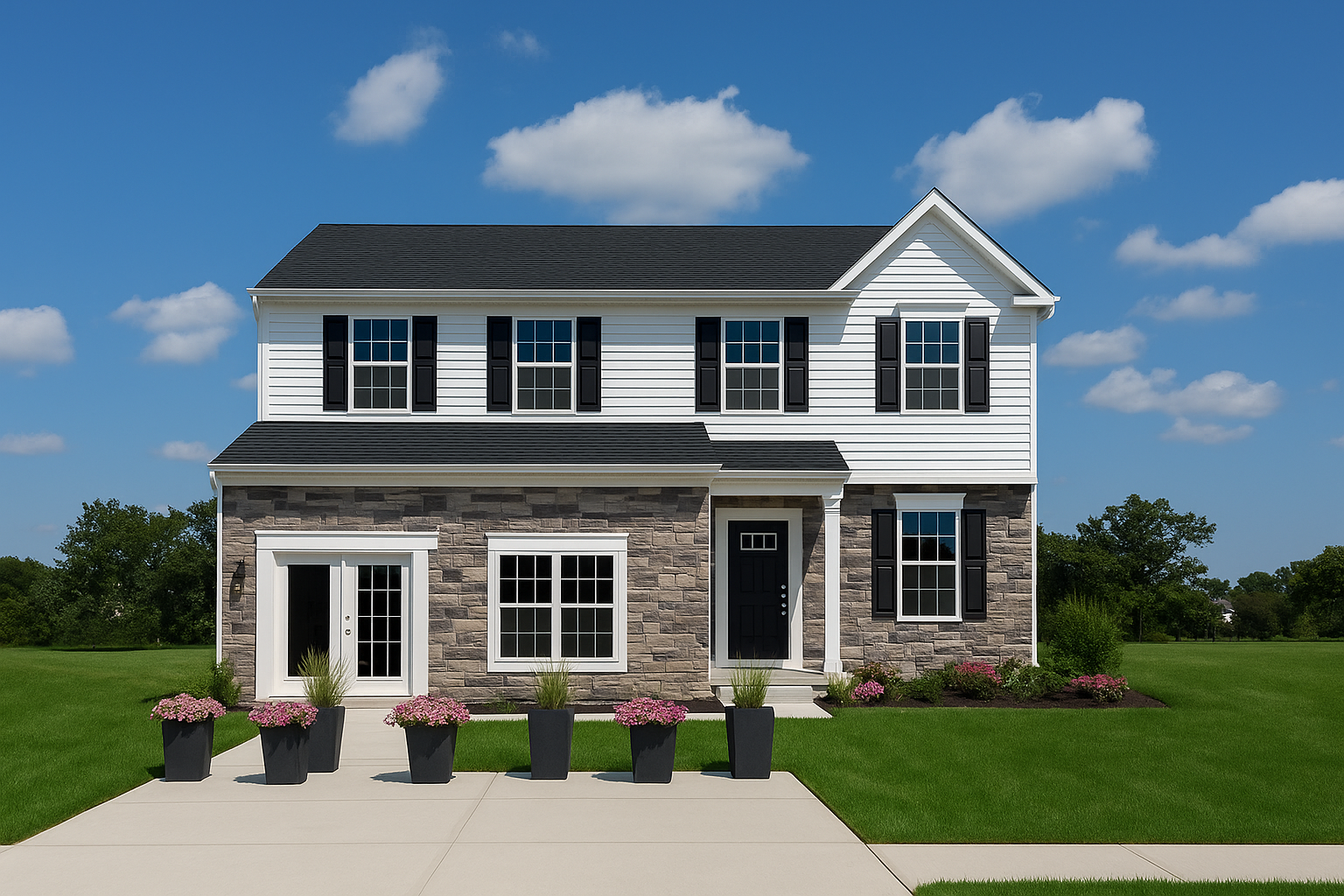 Modern, two-story suburban house with a stone facade and well-manicured lawn under a clear blue sky.