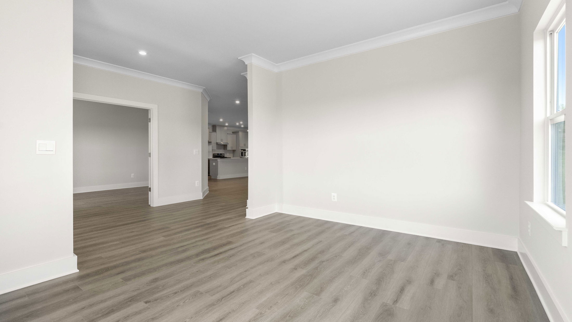 Empty modern living room with light gray walls and wood flooring leading into a kitchen area.