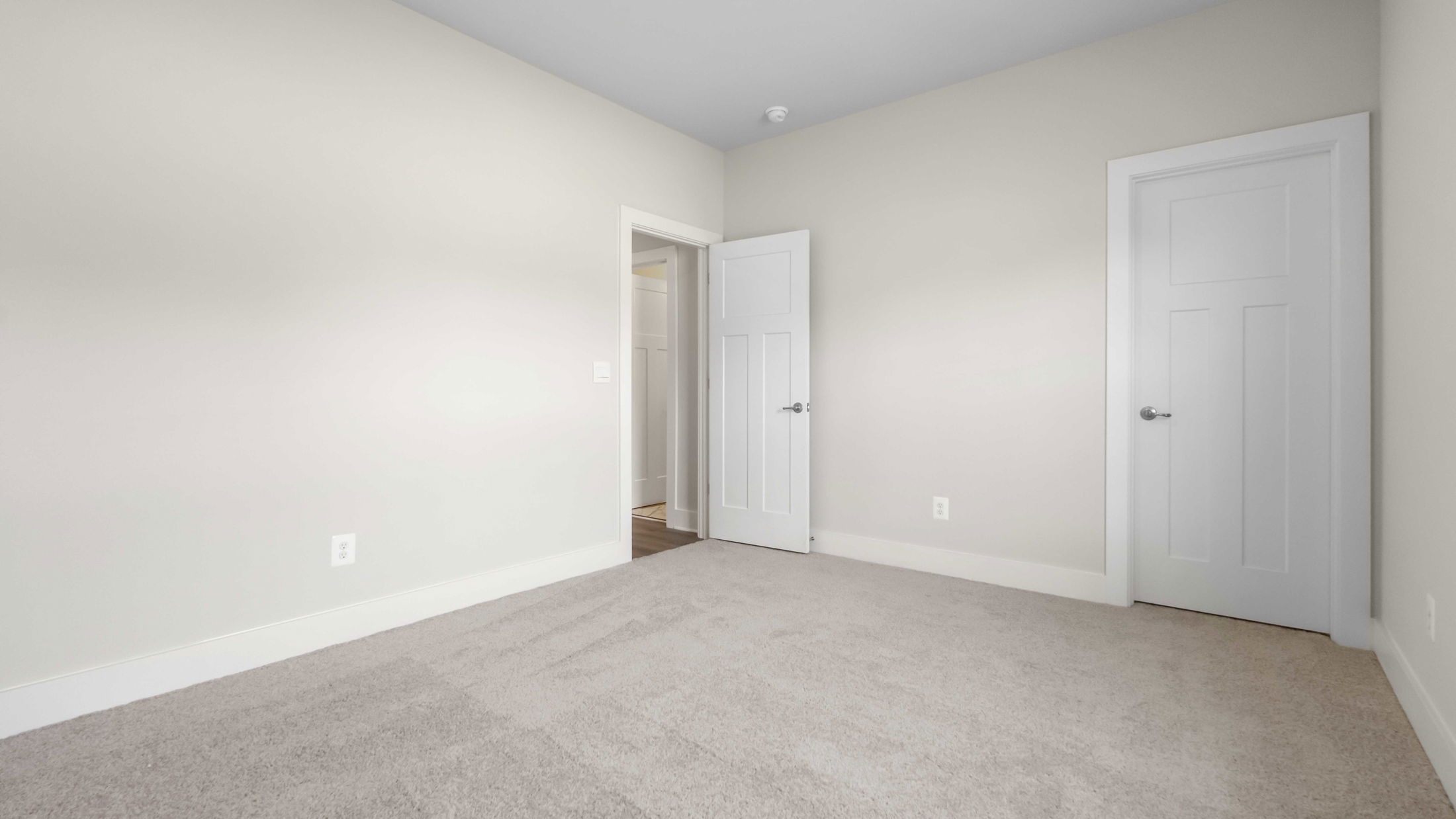 Spacious empty bedroom with light gray walls, beige carpet, and a white door.