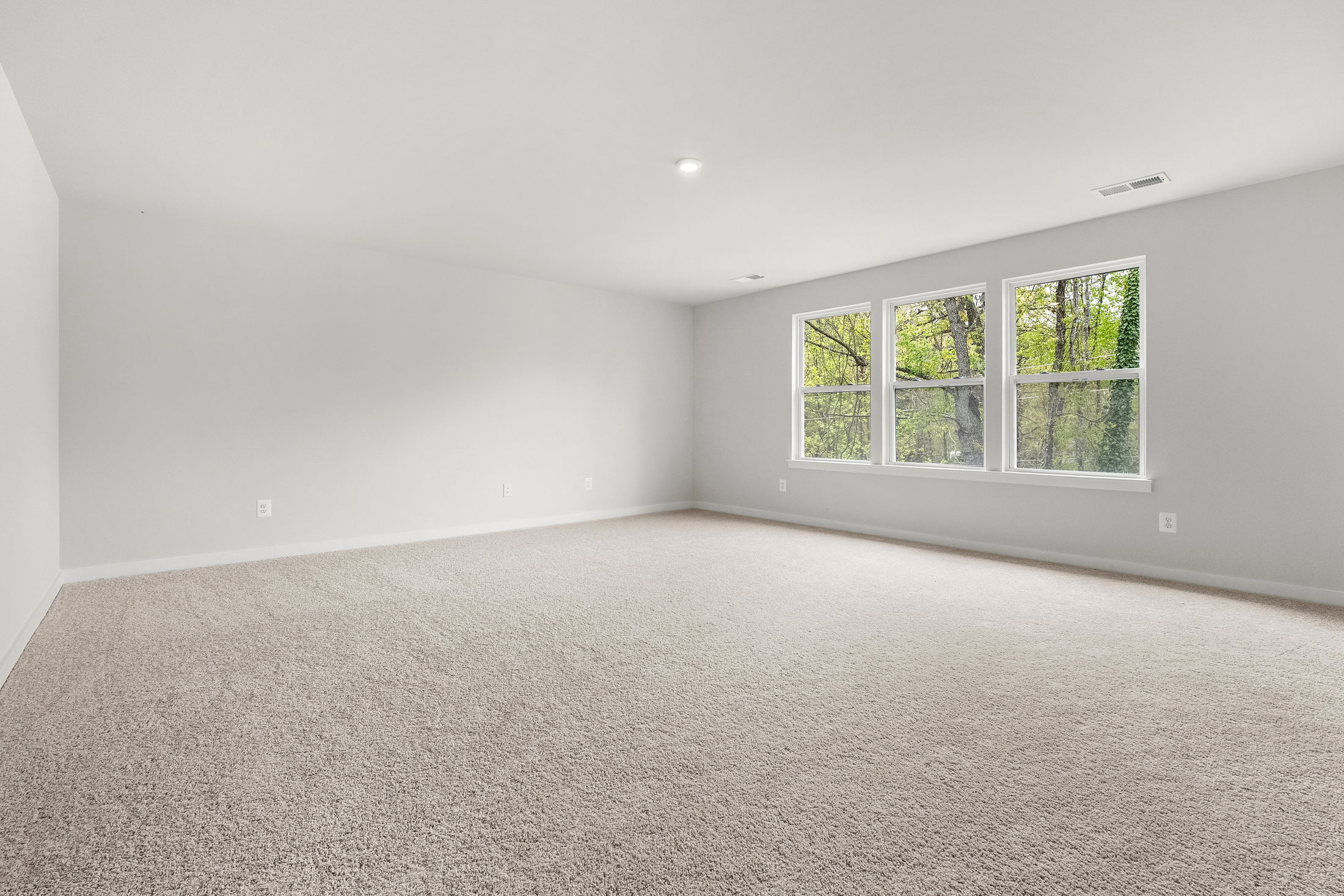 Spacious, carpeted empty room with white walls and large windows offering a view of lush greenery outside.