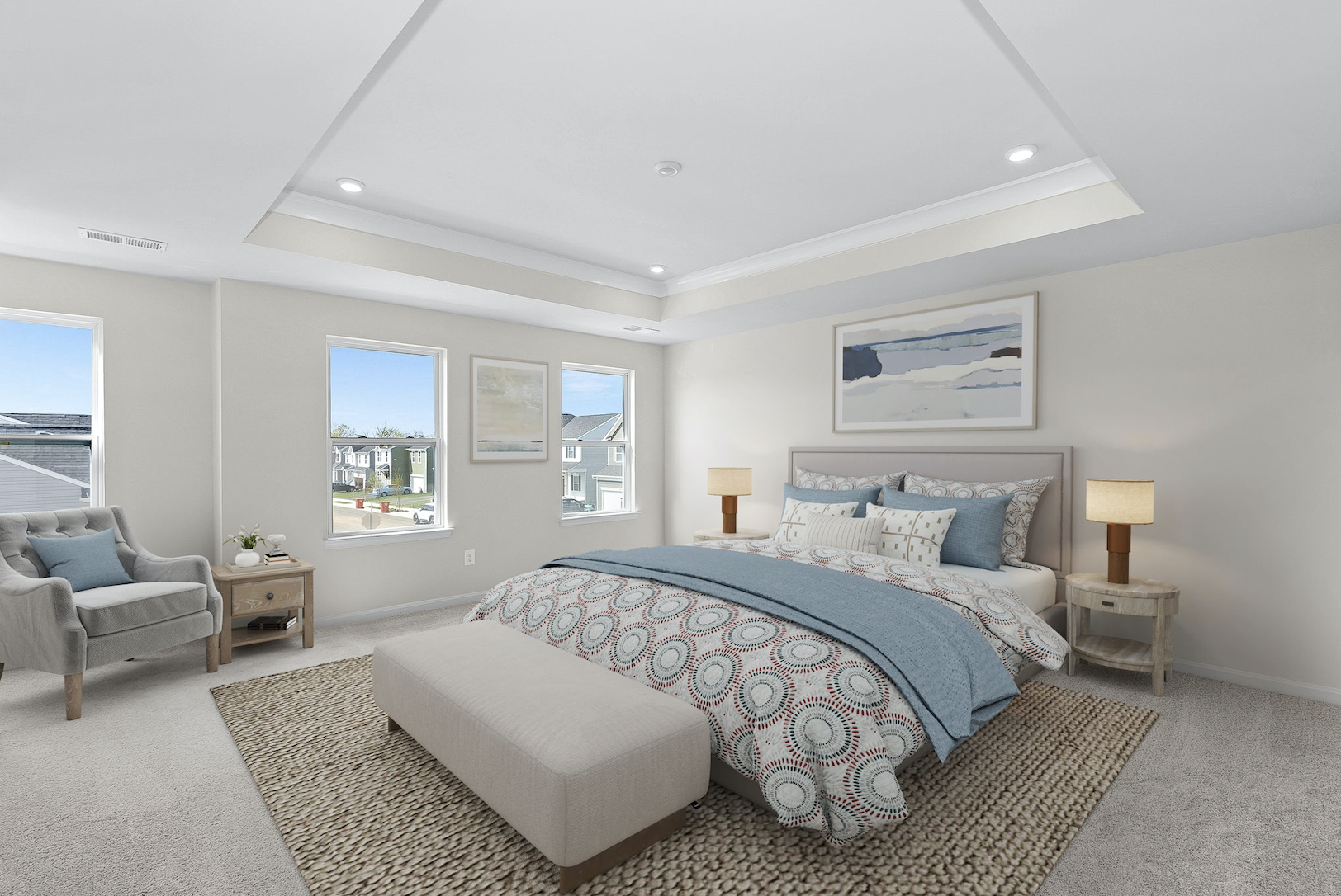 Elegant modern bedroom with cozy decor, featuring a spacious bed with blue patterned bedding, stylish armchair, and natural light from large windows.
