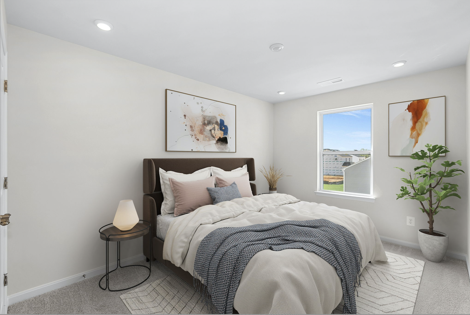 Modern bedroom with cozy bed, abstract wall art, and a large window overlooking a suburban neighborhood.