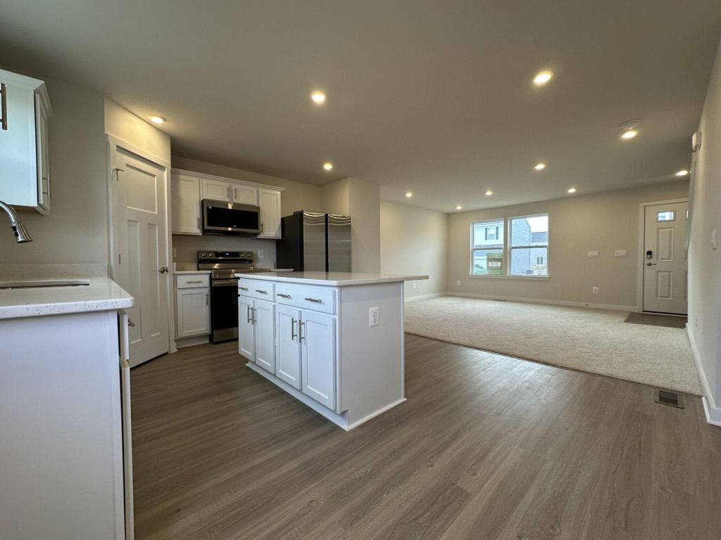 Modern open-concept kitchen and living room with stylish cabinetry and natural lighting.