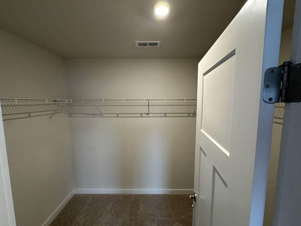 Empty walk-in closet with shelving and a white door.