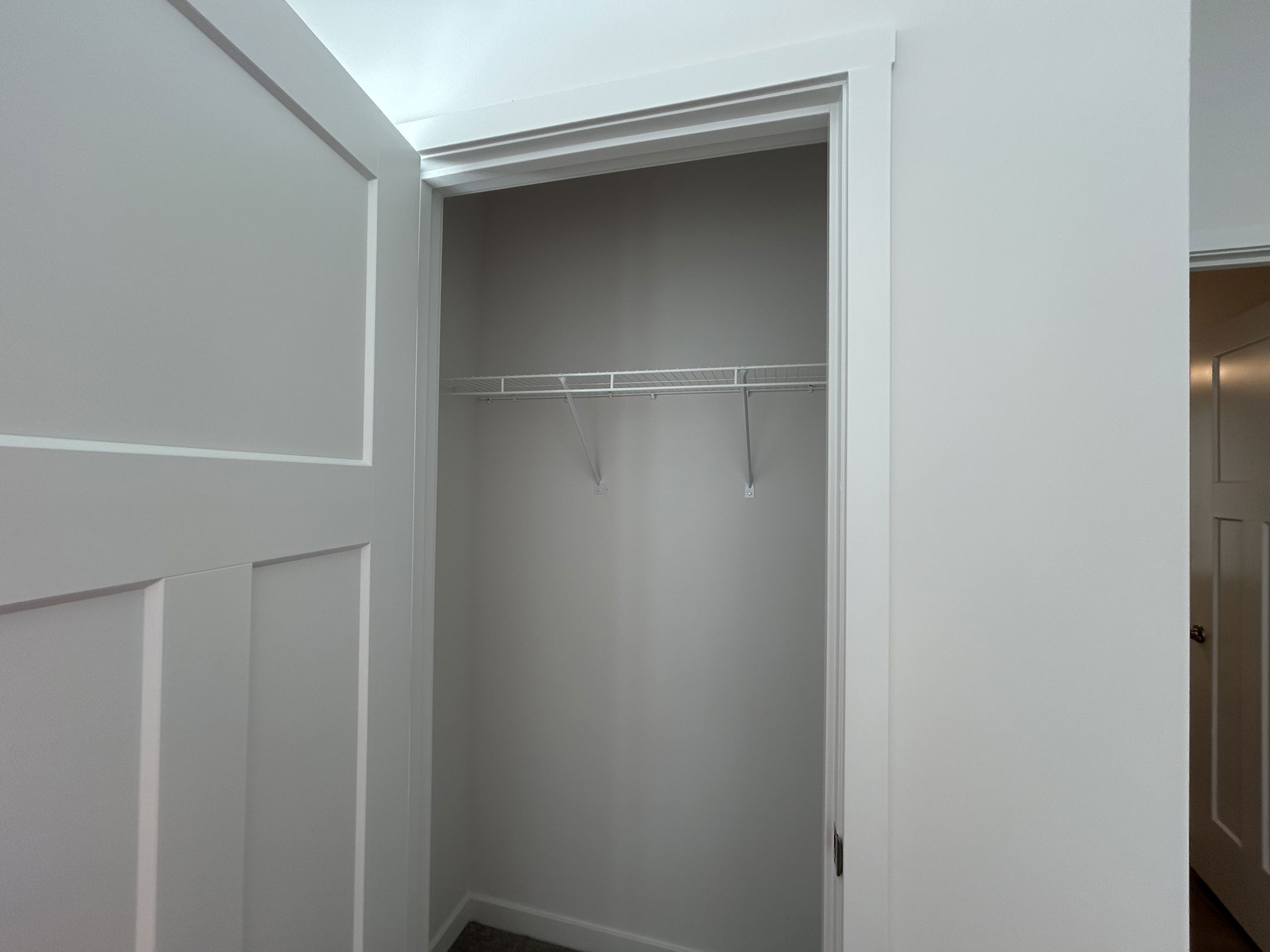 Empty closet with a wire shelf and fresh white walls, showcasing modern interior design.
