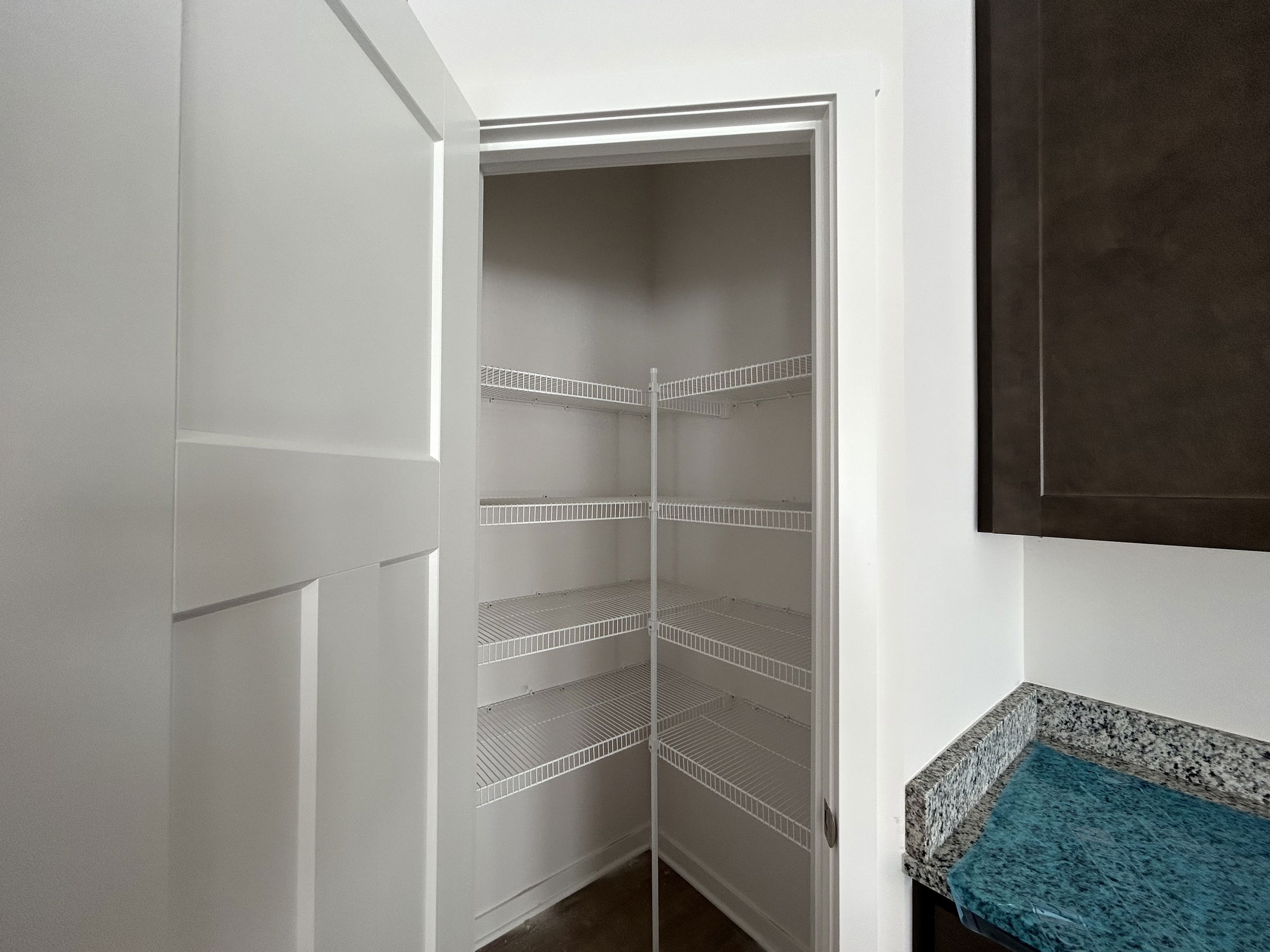 A clean and organized pantry with wire shelving and a granite countertop in a modern kitchen.